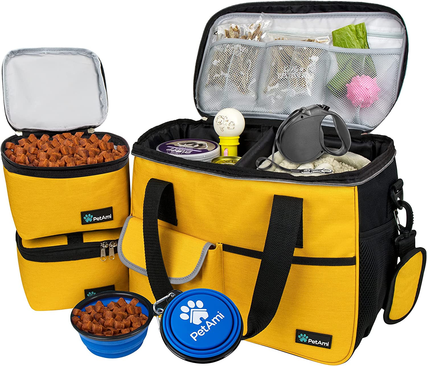 Dog Travel Bag Organizer, Pet Travel Kit with 2 Food Containers & 2 Collapsible Dog Bowls, Pet Supplies Tote with Luggage Sleeve, Weekend Road Trip Camping Essentials, Yellow, Medium