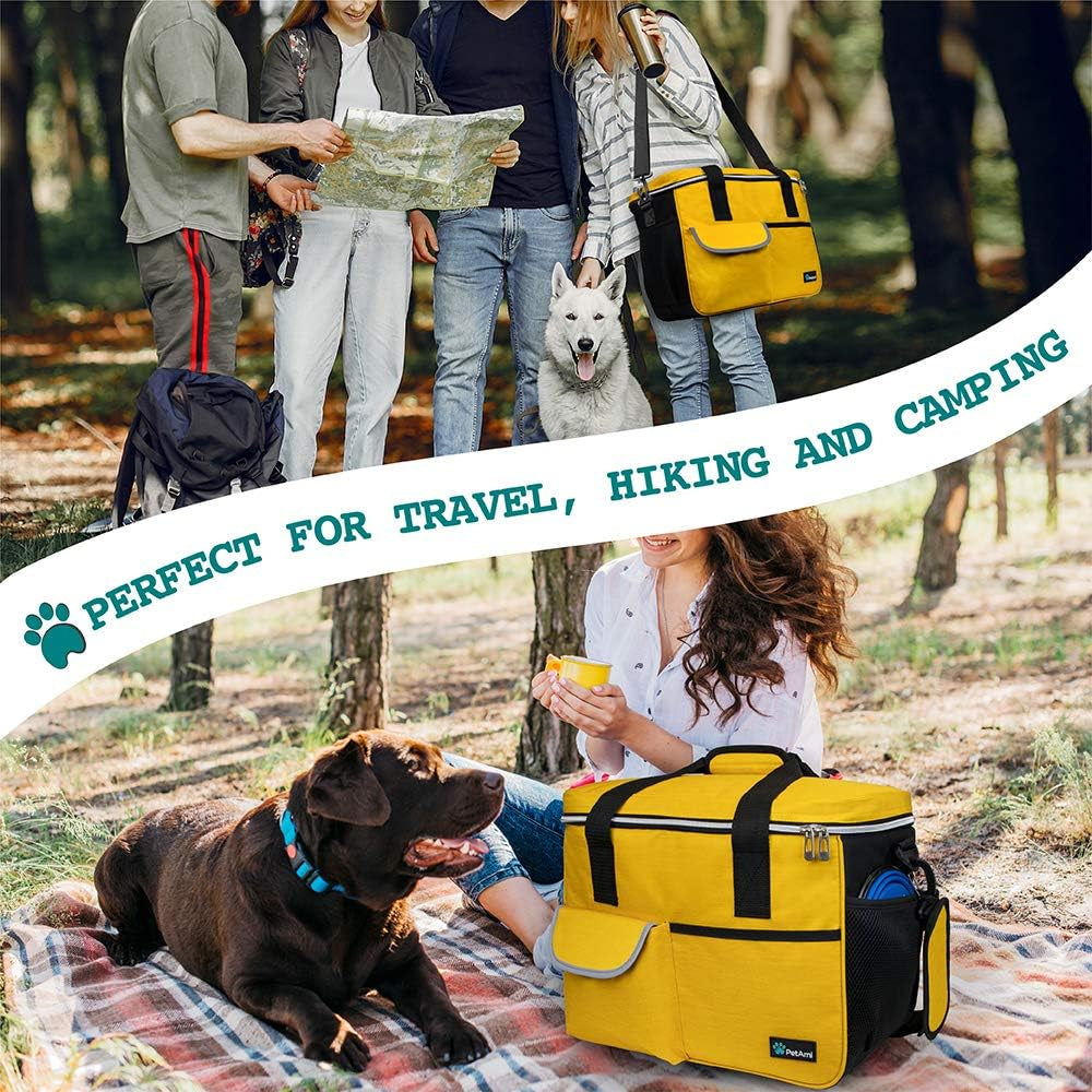 Dog Travel Bag Organizer, Pet Travel Kit with 2 Food Containers & 2 Collapsible Dog Bowls, Pet Supplies Tote with Luggage Sleeve, Weekend Road Trip Camping Essentials, Yellow, Medium