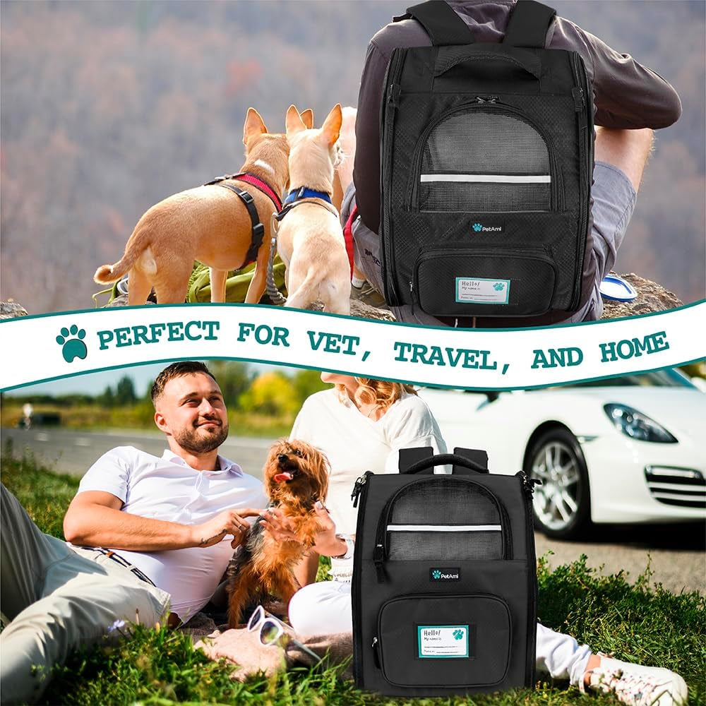 Dog Backpack Carrier for Small Medium Dogs Large Cats up to 18 Lbs, 2 Side Entry, Structured No-Collapse Frame, Airline Approved Ventilated Pet Backpack for Hiking Camping Travel Vet, Black