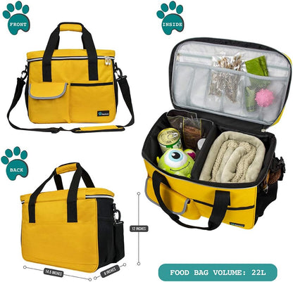 Dog Travel Bag Organizer, Pet Travel Kit with 2 Food Containers & 2 Collapsible Dog Bowls, Pet Supplies Tote with Luggage Sleeve, Weekend Road Trip Camping Essentials, Yellow, Medium